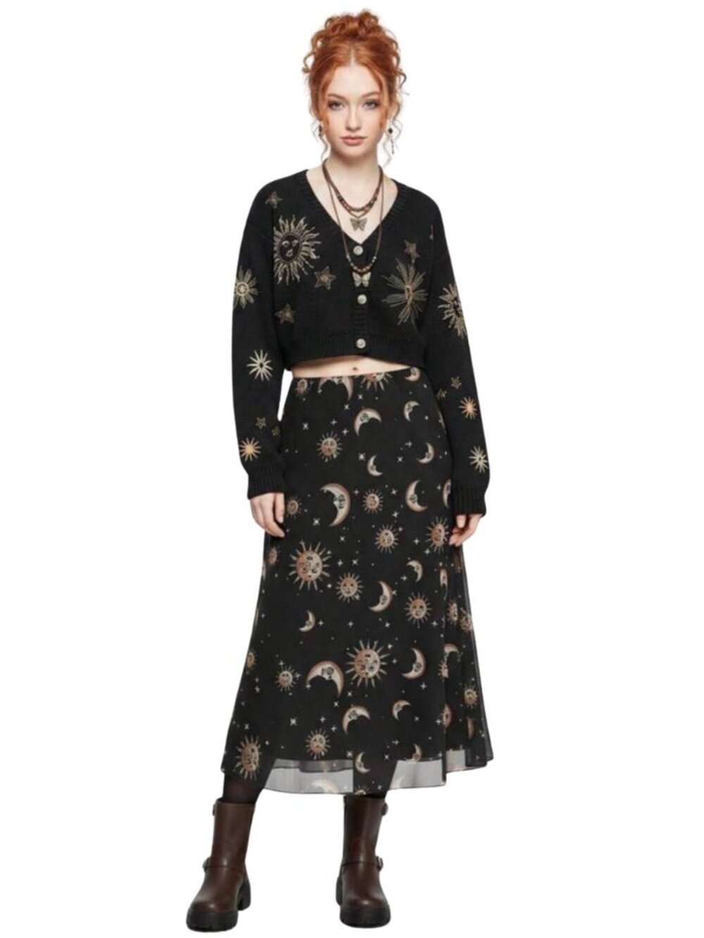 Whimsigoth Cottagecore Crescent Moon Sun Stars Black Tan Midi Maxi Skirt M-L
